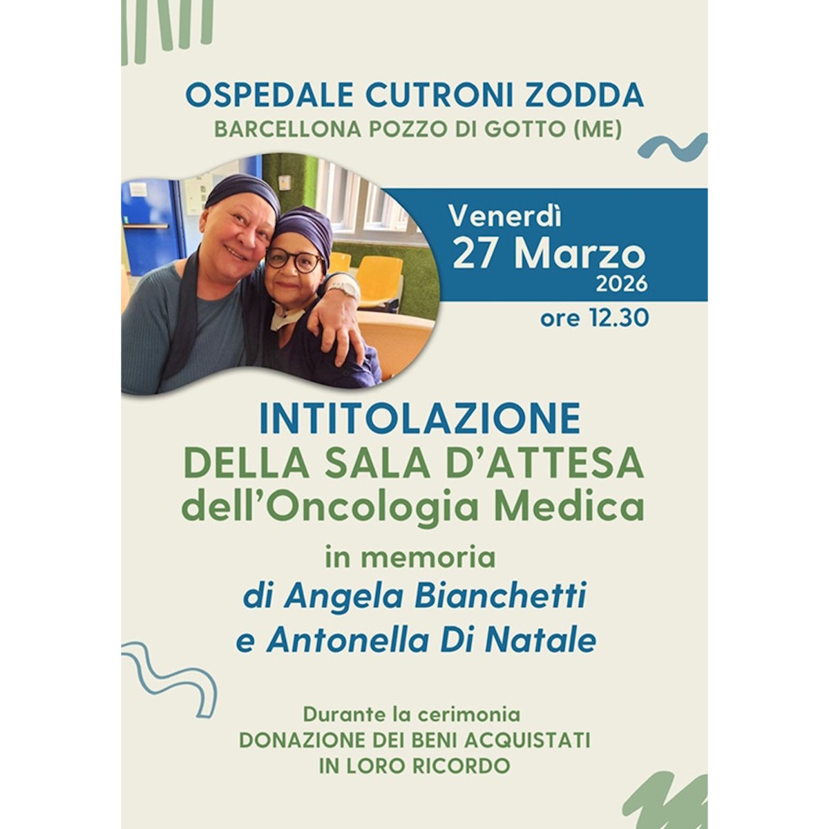Barcellona P.G. (ME) – Venerdì 27 l’intitolazione della sala d’attesa ad Angela Bianchetti e Antonella Di Natale