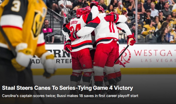 Stanley Cup: Carolina pareggia la serie, Jordan Staal protagonista di gara-4